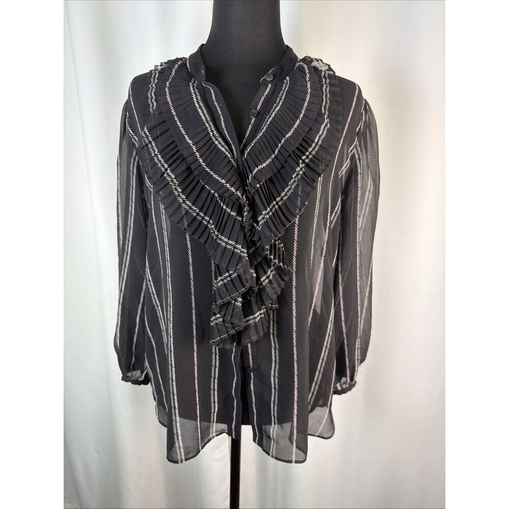 White House Black Market ruffle front semi sheer blouse M